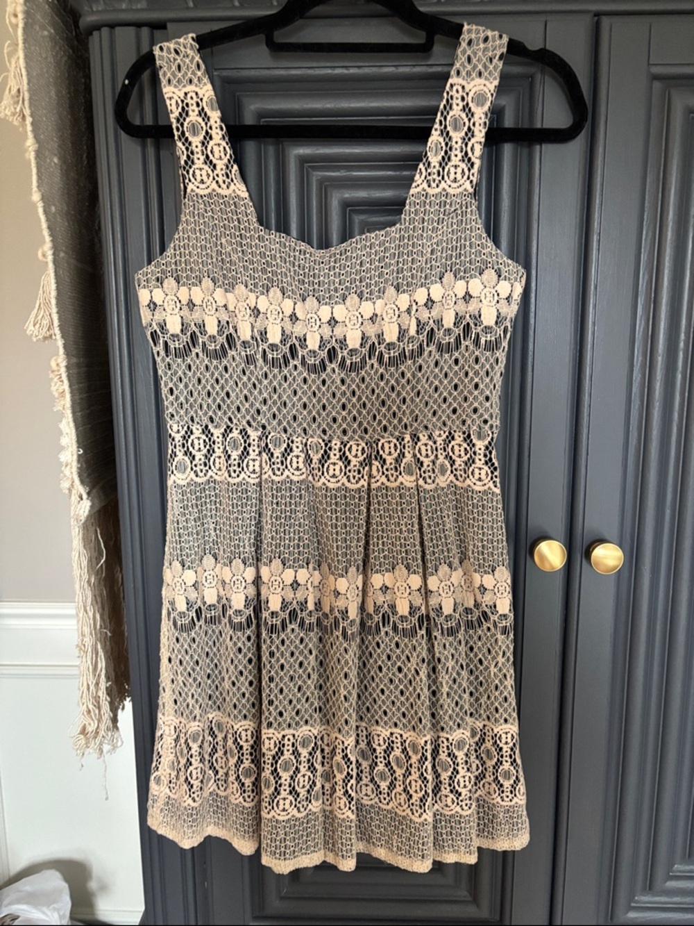 Sleeveless Beige Lace Overlay Mini Dress